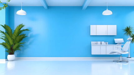 Poster - A modern, blue-themed room featuring a clean design, white furniture, a plant, and bright lighting, ideal for a contemporary workspace or dental office
