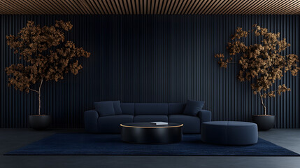 Poster - A modern living room featuring a dark color palette, minimalist furniture, and decorative plants, creating a sophisticated and serene atmosphere