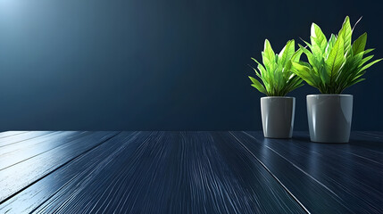 Poster - Two vibrant green plants in white pots sit on a dark wooden surface, illuminated by soft blue light, creating a serene and modern atmosphere
