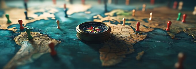 Poster - A close-up of a compass resting on a world map, with colorful pins marking various locations, symbolizing travel and exploration.
