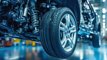 Poster - Close-Up View of Car Suspension System with Focus on Wheel and Tire, Showcasing Automotive Engineering and Precision in a Mechanic Workshop Environment