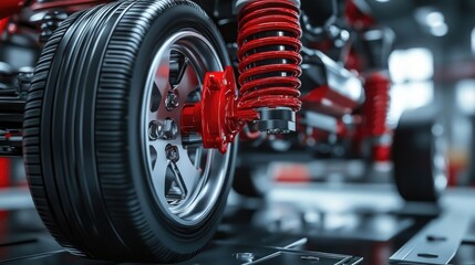 Poster - Close-up View of a Modern Automotive Wheel and Red Suspension System Highlighting Engineering Precision and High-Performance Components in a Workshop Environment