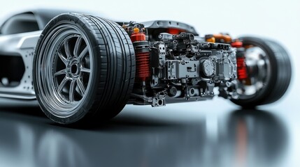 Poster - Detailed Close-Up of an Automotive Chassis with Suspension and Wheel Assembly Showcasing Intricate Mechanical Components in a Studio Environment