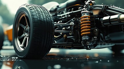 Poster - Close-Up View of an Automotive Suspension System Featuring a High-Performance Shock Absorber and Tire in a Studio Setting with Reflections on the Surface