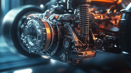 Poster - Close-up of a Modern Car Engine Component with Intricate Details and Reflections in a High-Tech Automotive Workshop Setting