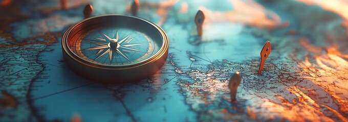 Aufkleber - A detailed compass rests on a vibrant, textured map, suggesting exploration and adventure in a rich, atmospheric setting.