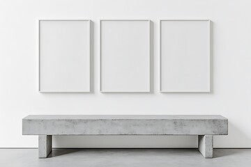Poster - A minimalist interior featuring a concrete bench and three empty white frames on a pristine wall, creating a spacious and modern aesthetic.