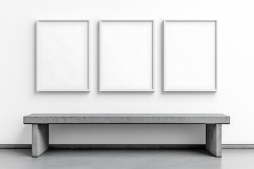 Fototapete - A minimalist space featuring three empty frames on a white wall and a concrete bench, embodying simplicity and potential for artistic expression.