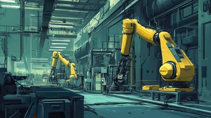 Poster - Futuristic Industrial Scene with Robotic Arms in a High-Tech Manufacturing Environment Showcasing Automation and Advanced Technology in Action