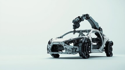 Poster - Futuristic Robotic Arm Assembling A Wireframe Model Of A Car In A Minimalist Studio Environment Showcasing Modern Technology And Innovation