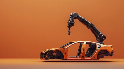 Poster - Robotic Arm Assembling Car Frame in Modern Industrial Setting with Orange Background Highlighting Innovation in Automotive Manufacturing Technology