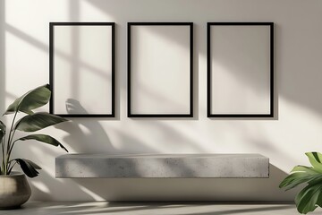Poster - A minimalist interior scene featuring three empty frames on a wall, a sleek shelf below, and a lush plant on the side, illuminated by natural light.