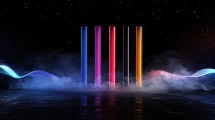 Poster - Colorful Light Beams Emerging from Misty Atmosphere Background