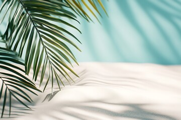 Aufkleber - Lush palm leaves cast shadows on a sandy surface, creating a serene tropical ambiance against a soft blue background.