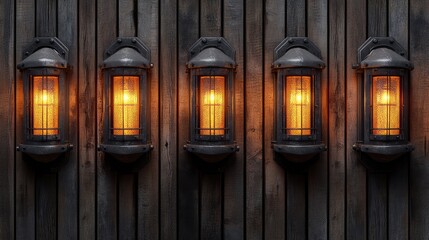 Poster - Decorative Lanterns on Wooden Wall with Warm Glow Effect