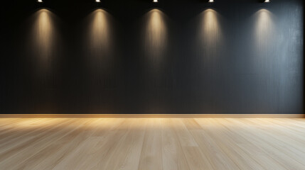 Poster - The room is dark with a wooden floor and black wall, illuminated by spotlights in a modern and minimalistic style