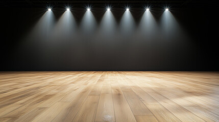 Poster - The room is dark with a wooden floor and black wall, illuminated by spotlights in a modern and minimalistic style 