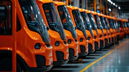 Poster - Line of Bright Orange Electric Delivery Vehicles in a Modern Industrial Warehouse, Showcasing Innovative Technology and Sleek Design for Sustainable Transport Solutions