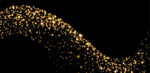 Wall Mural - golden stars and sparkles, magic star dust background, light effect with flares. shiny particles, gl