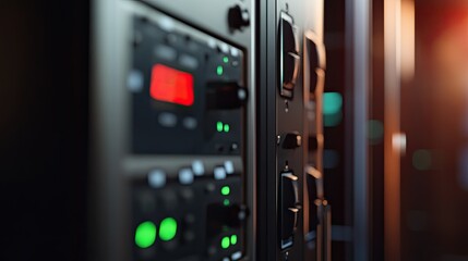 Poster - Close-up of Server Rack with Control Panels and Status Indicators Illuminated in a Data Center, Showcasing Technology and Digital Infrastructure