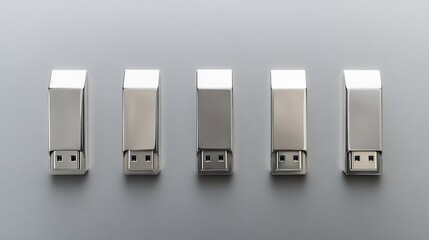 Poster - Sleek Silver USB Flash Drives in a Row on Gray Background