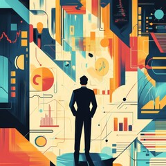 Poster - A man is standing in front of a wall of graphs. He is wearing a suit. The wall is filled with many different colored graphs