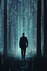 Poster - A man is walking through a forest with a computer screen in front of him. The screen is filled with lines and numbers