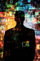 Poster - A man is standing in front of a computer screen with a lot of numbers and letters. He is wearing a suit
