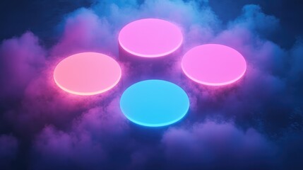 Poster - Colorful Neon Circles Surrounded by Misty Clouds in Dark Setting