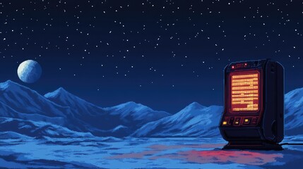 Poster - Retro Futuristic Machine on Moonlit Landscape with Bright Stars