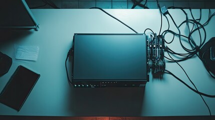 Poster - High-Tech Workstation with Monitor and Cables in a Modern Office Environment, Illuminated with Soft Lighting for Enhanced Focus and Productivity