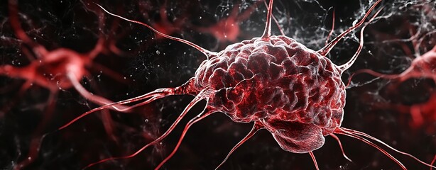 Poster - A detailed, microscopic view of a cell, showcasing intricate structures with vibrant red and dark backgrounds, emphasizing biological complexity.