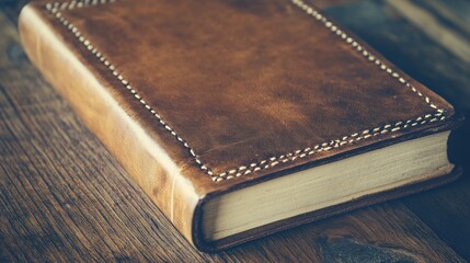 Poster - Antique Leather Bound Book Rests On Wooden Table
