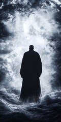 Canvas Print - a man stands in the middle of a waterfall, looking up at the sky. the image has a mysterious and eth