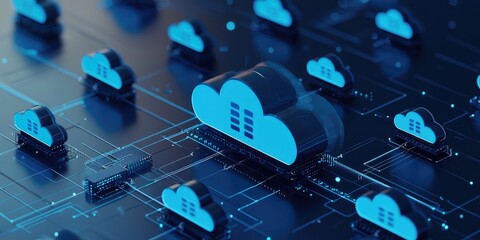 Poster - A digital rendering of a cloud hosting infrastructure with multiple connected servers, forming a virtual network. The color palette is sleek with shades of blue and black