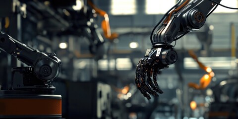 Poster - A close-up of a machine arm in a manufacturing setting, controlled by an advanced automation system, demonstrating the precision and power of automation in production.