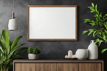 Poster - A modern interior featuring a wooden frame, a blank canvas, decorative plants, and minimalist decor against a textured dark wall.