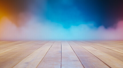 Poster - Wooden floor illuminated by neon lights with colorful fog in the background 