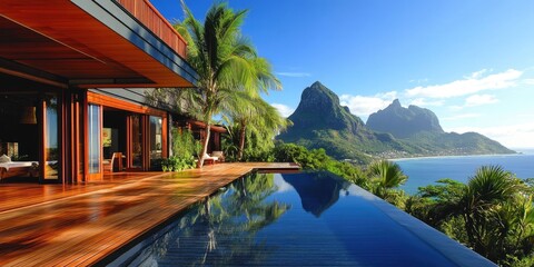 Wall Mural - A luxurious tropical villa with an open-plan design, a serene pool surrounded by wooden decking, and exotic plants, with a mountain backdrop and a clear blue sky.