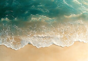 Poster - Aerial view of turquoise waves gently lapping against a sandy beach, creating a serene coastal scene.