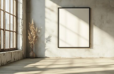 Poster - A minimalist room featuring a blank frame on a textured wall, sunlight streaming through large windows, and a dried plant in a vase.