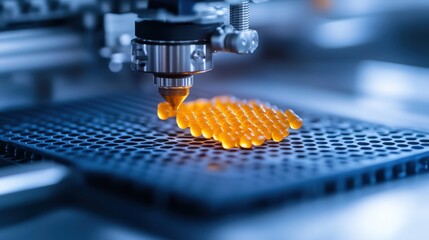 Poster - Advanced 3D Printing Technology: Close-Up of Precision Nozzle Depositing Orange Material on Hexagonal Grid in Modern Manufacturing Facility