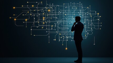 Fototapete - Thoughtful Businessman Analyzing Digital Connections and Technology Concepts in Dark Space with Abstract Circuit Board Design and Bright Lights