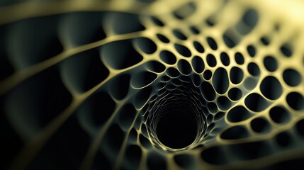 Poster - Abstract representation of a dark tunnel made of intricate yellow mesh patterns, creating a vivid sense of depth and movement in a surreal environment
