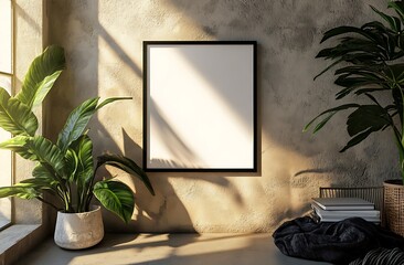Aufkleber - A minimalist room features a blank frame on a textured wall, surrounded by lush plants and soft sunlight creating a serene atmosphere.