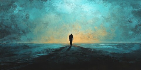 Wall Mural - A lone figure in silhouette walking toward a distant goal with purpose.