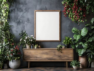 Poster - A stylish interior scene featuring a wooden cabinet, a blank frame, and an abundance of greenery and colorful plants against a textured gray wall.