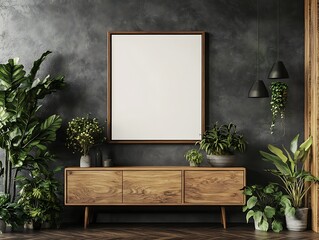 Poster - A stylish interior featuring a wooden sideboard, empty frame, and lush green plants against a textured dark wall.