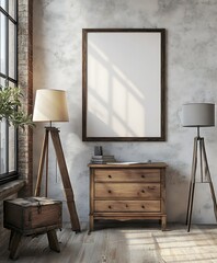 Poster - A cozy interior featuring a wooden chest of drawers, floor lamps, and a blank wall frame, creating a stylish and inviting atmosphere.