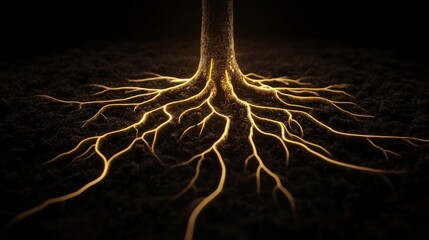 Aufkleber - Illuminated Tree Roots Emerging from Dark Soil, Capturing the Connection Between Nature, Light, and Earth in a Stunning Visual Representation